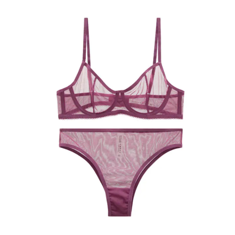 Purple Sheer Mesh Lingerie Set with Underwire
