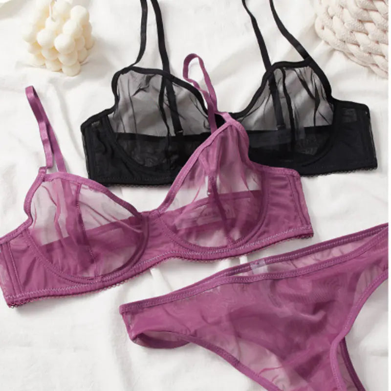 Purple Sheer Mesh Lingerie Set with Underwire