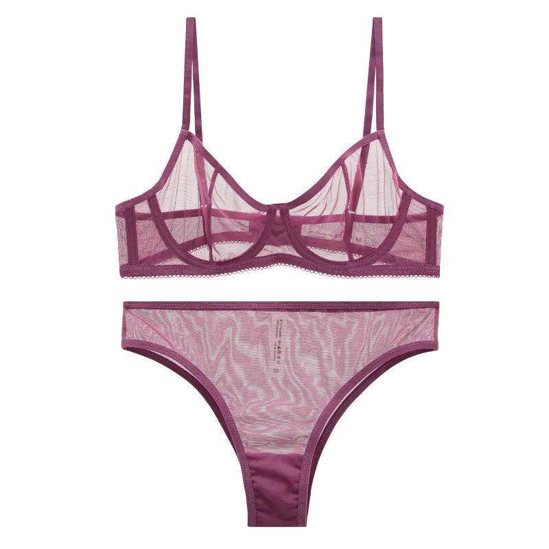 Purple Sheer Mesh Lingerie Set with Underwire