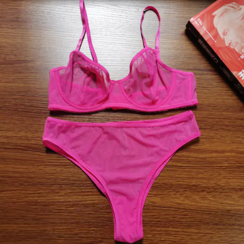 Purple Sheer Mesh Lingerie Set with Underwire